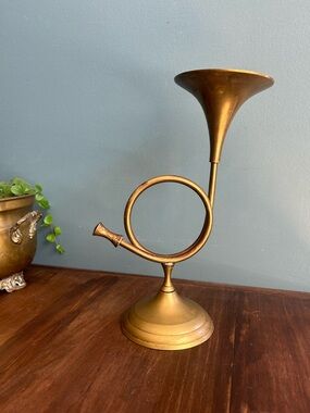 Vintage Brass Horn Candlestick Holder